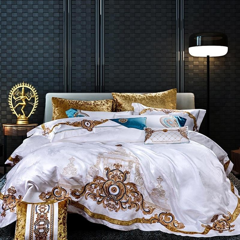 Golden Silk Cotton Luxury Satin Jacquard Bedding Set Queen King Size W