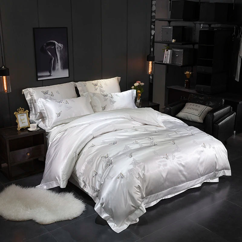 Butterfly Embroidery Silver Silk Cotton Bedding Set DECORATIQ | Home&Decor