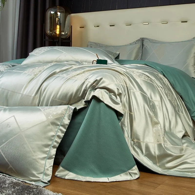 Mint Elegance Jacquard Satin Cotton Bedding Set DECORATIQ | Home&Decor