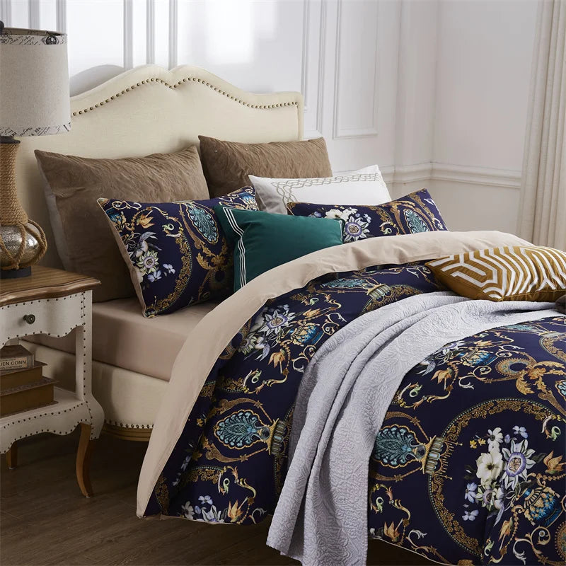 Royal Blue & Beige Patterned Egyptian Cotton Bedding DECORATIQ | Home&Decor