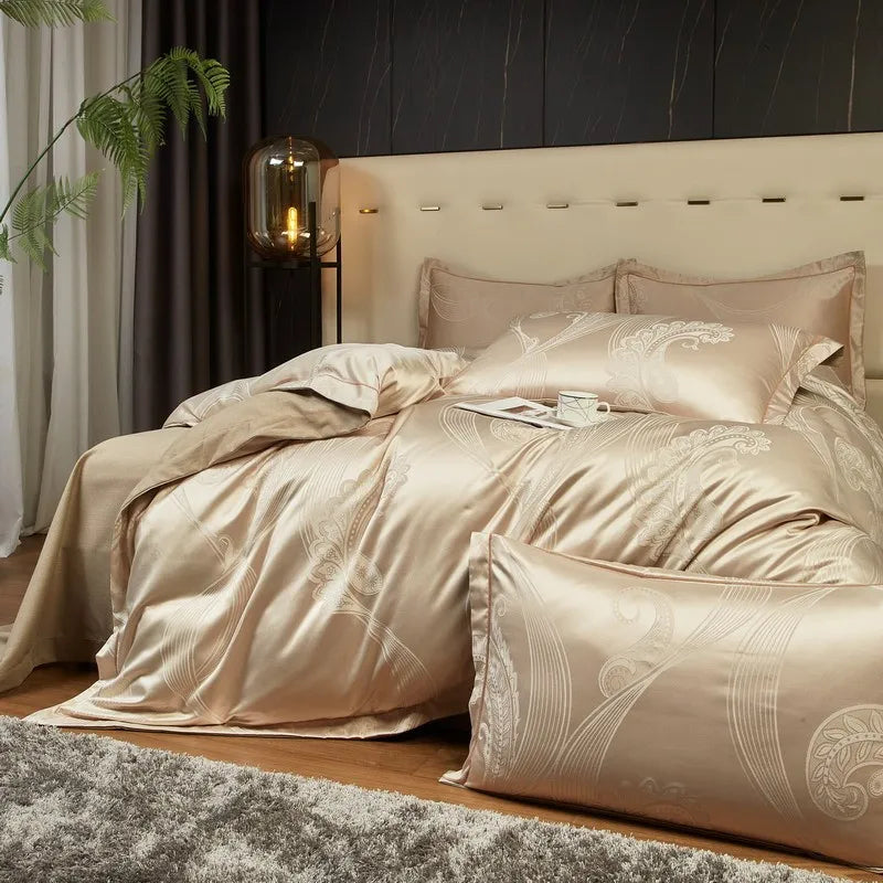 Golden Glow Jacquard Satin Cotton Bedding Set DECORATIQ | Home&Decor