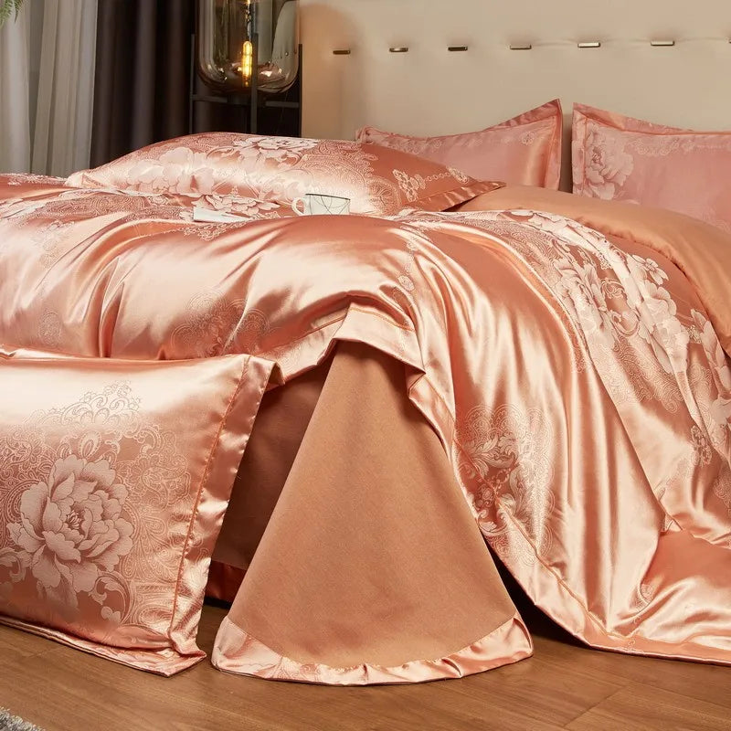 Juicy Peach Jacquard Satin Cotton Bed Ensemble DECORATIQ | Home&Decor