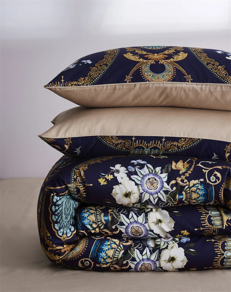 Royal Blue & Beige Patterned Egyptian Cotton Bedding DECORATIQ | Home&Decor