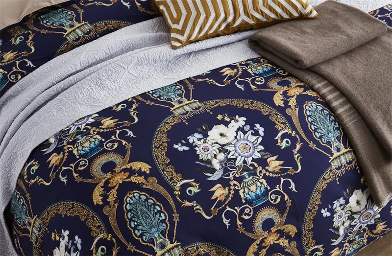 Royal Blue & Beige Patterned Egyptian Cotton Bedding DECORATIQ | Home&Decor