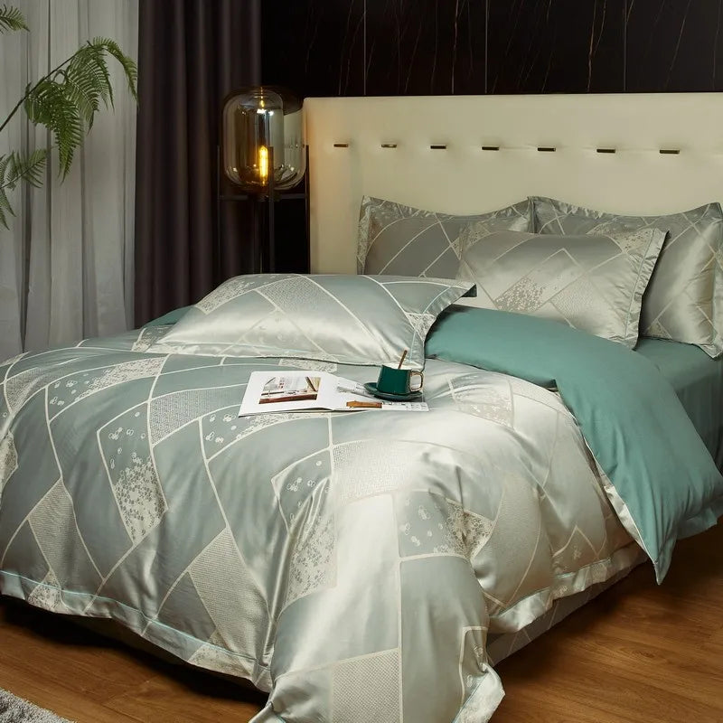 Mint Elegance Jacquard Satin Cotton Bedding Set DECORATIQ | Home&Decor