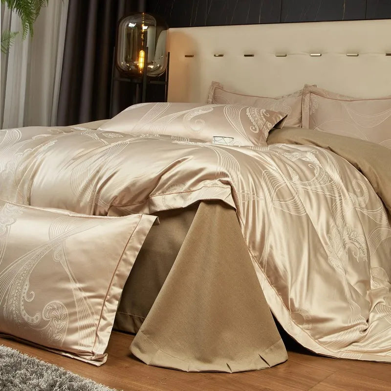 Golden Glow Jacquard Satin Cotton Bedding Set DECORATIQ | Home&Decor