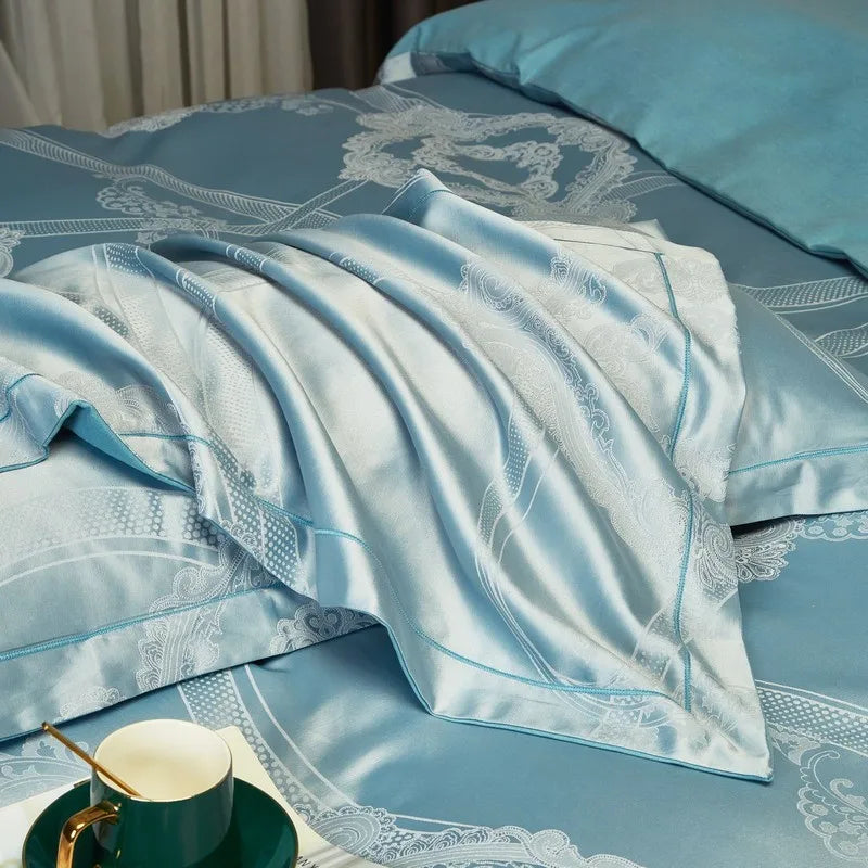 Azure Jacquard Satin Cotton Bedding Set DECORATIQ | Home&Decor