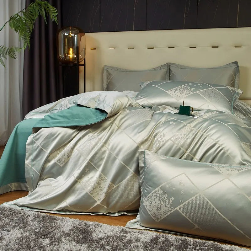 Mint Elegance Jacquard Satin Cotton Bedding Set DECORATIQ | Home&Decor