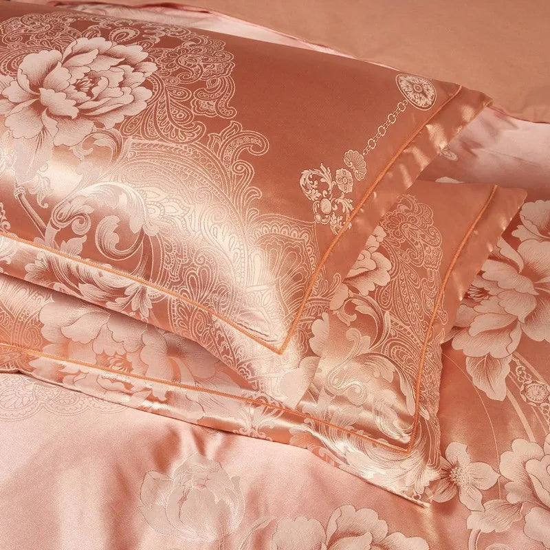 Juicy Peach Jacquard Satin Cotton Bed Ensemble DECORATIQ | Home&Decor