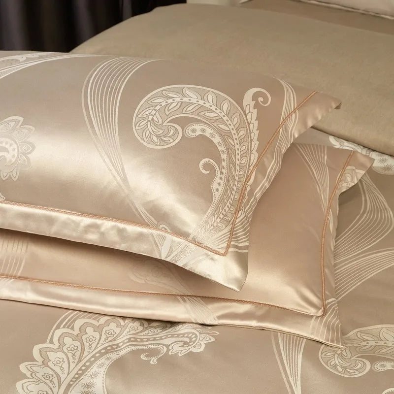 Golden Glow Jacquard Satin Cotton Bedding Set DECORATIQ | Home&Decor