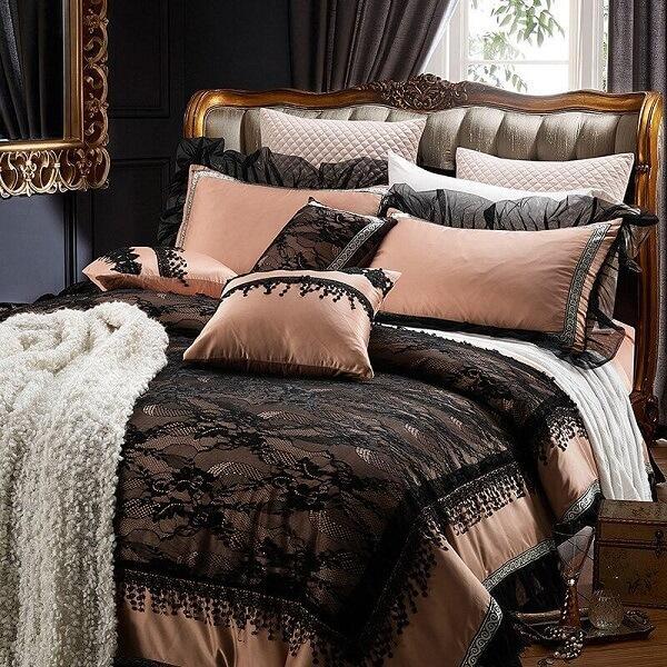 Ambrozeya Luxury Silk Cotton Black Lace Duvet Cover Set DECORATIQ | Home&Decor