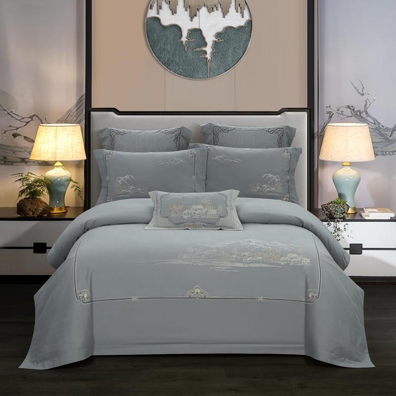 Zuhur Two-Tone Embroidered Egyptian Cotton Duvet Cover Set DECORATIQ | Home&Decor